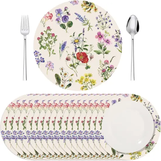 100 Pack Round Wildflowers Paper Placemats 13 Inch Vintage Floral Disposable Table Mats Paper Place Mats Dinnerware for Baby Shower Bridal Birthday Kitchen Wedding Party Supplies {1}