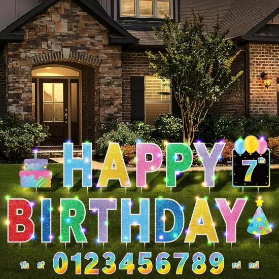 16 Pcs Happy Birthday Yard Signs with Stakes, 32.8 ft LED Lights, 42 Pcs Number Stickers, 13.4 Inch Letters Signs for Birthday Party Supplies Yard Lawn Outdoor Decoration(Colorful) {1}