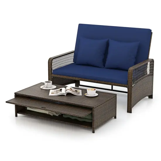 Patio Loveseat and Ottoman Set with 4-level Adjustable Backrest and Storage Area Navy {4}