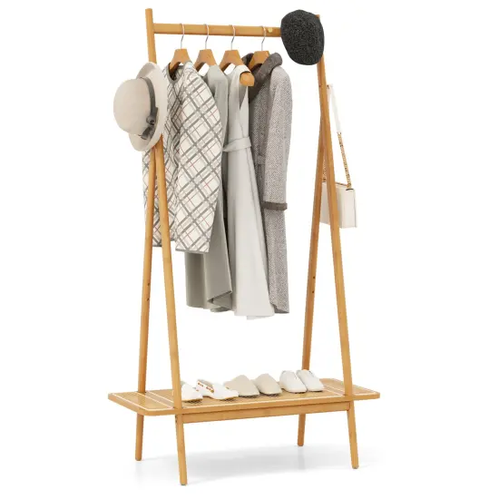 Wicker Clothes Rack with Hanging Rod Rattan Shelf and Copper Hooks Natural {4}