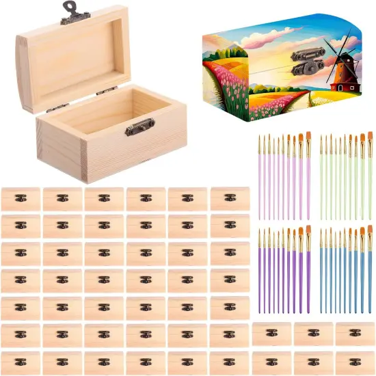 48 Pcs Unfinished Wooden Craft Boxes with 40 Paintbrushes Small Wooden Boxes Treasure Chest with Lid and Clasp Wood Storage Box for DIY Baby Shower Pirate Decor {1}