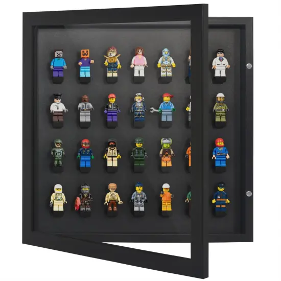 Americanflat 14x14 Minifigure Display Case with Polished Plexiglass - Holds 28 Minifigures - Freestanding or Wall-Mounted Display Case for Small Toy Collectibles - Black {1}