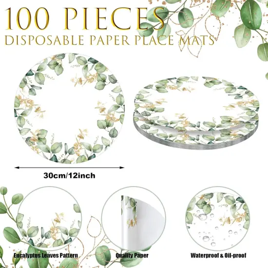 100 Pack Round Eucalyptus Leaves Paper Placemats 12 Inch Sage Green Disposable Table Mats Paper Place Mats Dinnerware for Dining Table Kitchen Rustic Wedding Baby Shower Birthday Party Supplies {2}