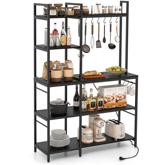 Metal and Wood Kitchen Backers Rack with Charging Ports, 5 Tiers and Anti-Tip Safety Black {4}