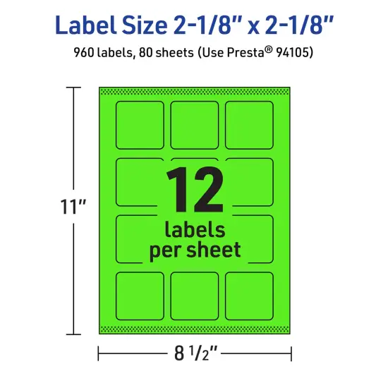 Avery Neon Green Paper Labels, 2-1/8" x 2-1/8" Square {5}
