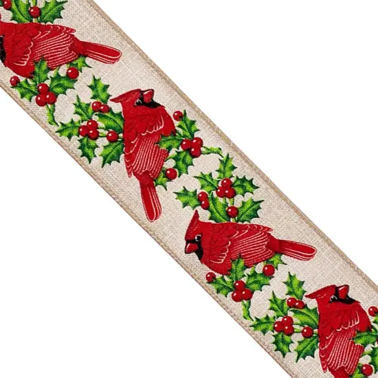 Designer&rsquo;s Shop WR 63-5204 Holiday Red Cardinals with holly and red berries Wired edge ribbon 2.5&rdquo; x 10 yard {3}