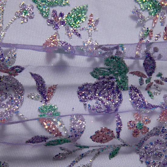 1 Yard Tulle Lace Fabric with Multicolor Glitter Floral Design, 58&Prime; Wide Purple {4}