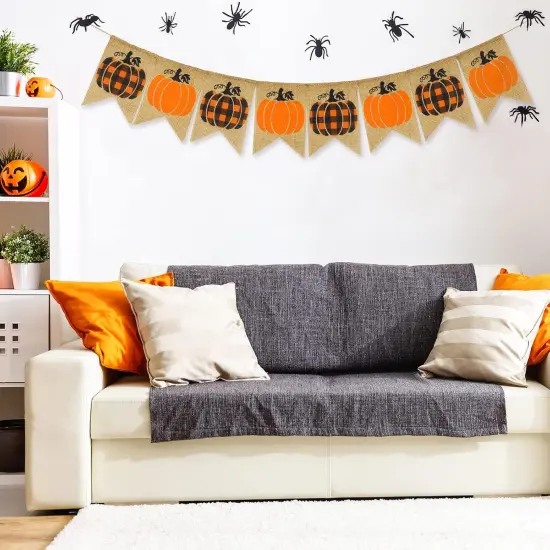 Fall Banner Orange Black Pumpkin Burlap Banner {3}