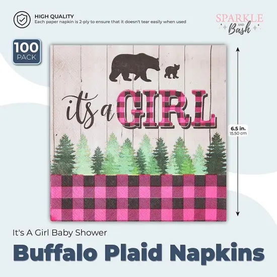 Buffalo Plaid Napkins, It's A Girl Baby Shower (6.5 Inches Folded, 100 Pack) {2}