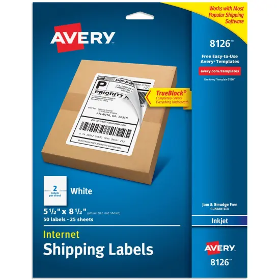 Avery Half-Sheet Printable Shipping Labels, 5.5" x 8.5" Customizable Stickers, White, 50 Blank Mailing Labels, Great for Mailing, Shipping, Organizing, and More (8126) {1}