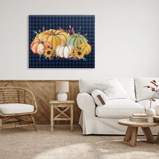 Sunflowers & Pumpkins Botanical Arrangement Blue Tartan Pattern Canvas Art {2}
