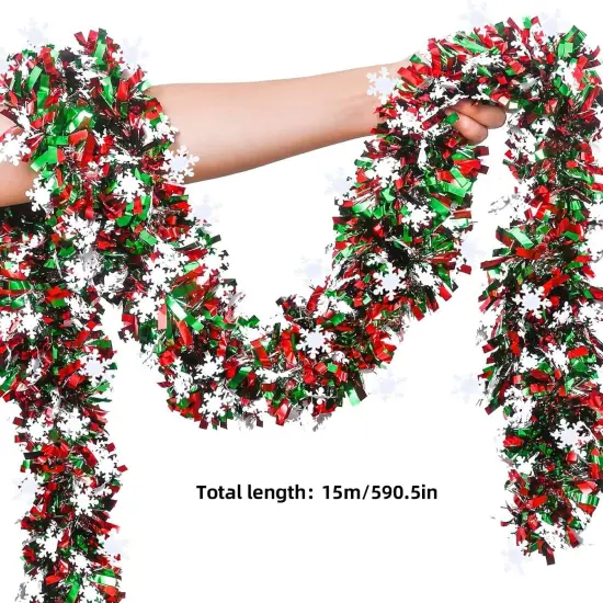 50 Feet Green Red Christmas Metallic Tinsel Twist Hanging Garland with Snowflake {2}