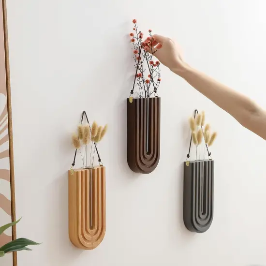 Set of 3 Wood Wall Planter Propagation Station Rainbow U Shape Hanging Vases {4}