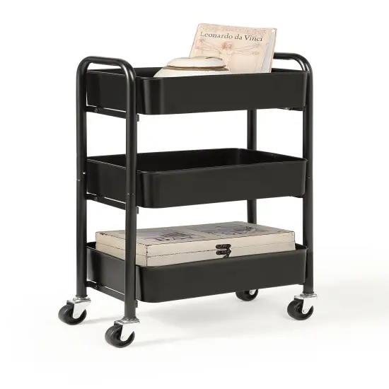 3-Tier Rolling Metal Storage Cart – Kitchen & Under Desk Organizer with Casters Black {2}