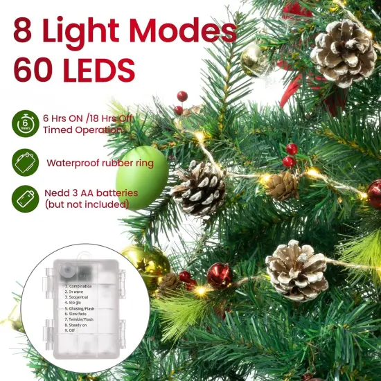 10 FT Pre-Lit Christmas Garland with 60 LED Lights & 8 Modes, {5}