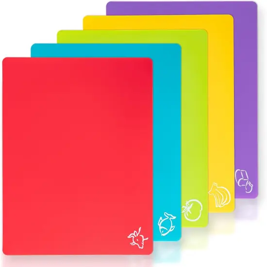 5 Pieces Flexible Plastic Cutting Board Mats with Food Icons, BPA Free Cutting Boards for Kitchen, Non Slip Cutting Mat for Meat and Vegetables (Red, Bright Yellow, Light Green, Purple, Lake Blue) {1}