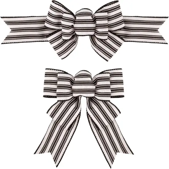 2 Pcs Farmhouse Stripe Wired Ribbon Handmade Premade Black and White Striped Burlap Bows for Wreaths Tree Decorations Gift Wrapping Outdoor Decoration(Black and White Stripe) {1}