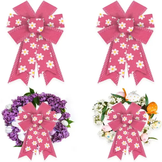 2 Pieces Spring Bows for Wreath, Spring Wreath Bows Pink Burlap Bows Farmhouse Flowers Bows Bows for Front Door Easter Spring Birthday Party Decorations {1}