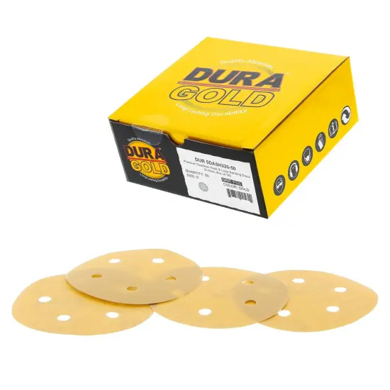 320 Grit - 5" Gold DA Sanding Discs - 5-Hole Pattern Hook and Loop - Box of 50 {1}