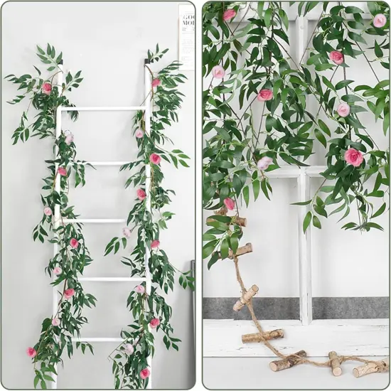 Artificial Hanging Willow Leaves Vine Twigs Whit Roses Flower 2Pc 5.7Ft Faux Ivy Plant Silk Green Leaf Rose Floral Garland Greenery Indoor Outdoor Wedding Jungle Birthday Party Garden Decor {2}
