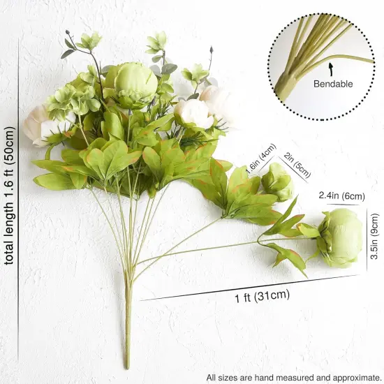Mixed Cream Beige and Moss Green Vintage Artificial Silk Flower Peonies 2 Bouquets Floral {5}