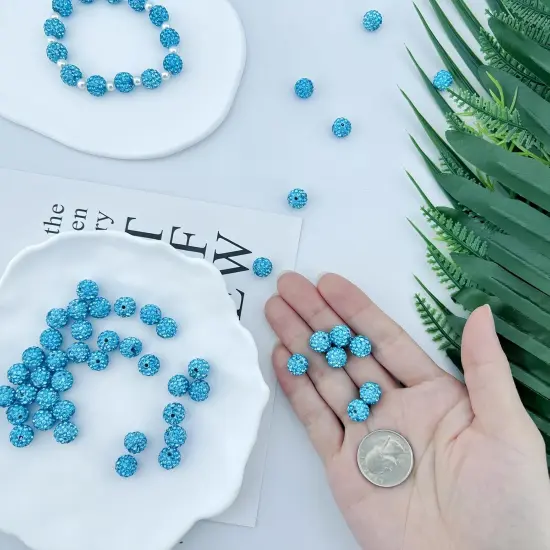 10mm Clay Rhinestone Beads for Bracelets, 100 Pcs Sparkle Crystal Beads for Jewelry Making, Glitter Round Shamballa Disco Ball Design for DIY Crafts Necklace Earrings Decoration (Aquamarine) {3}