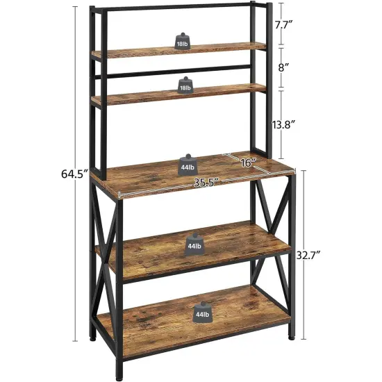 Wood Metal 5-Tier Adjustable Baker&rsquo;s Rack for Kitchen and Living Room Storage Brown {2}