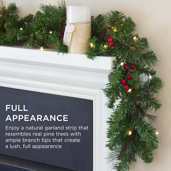 9ft Pre-Lit Holiday Pre-Decorated Christmas Garland for Stairs,50 Lights, Pine Cones, Berries {2}