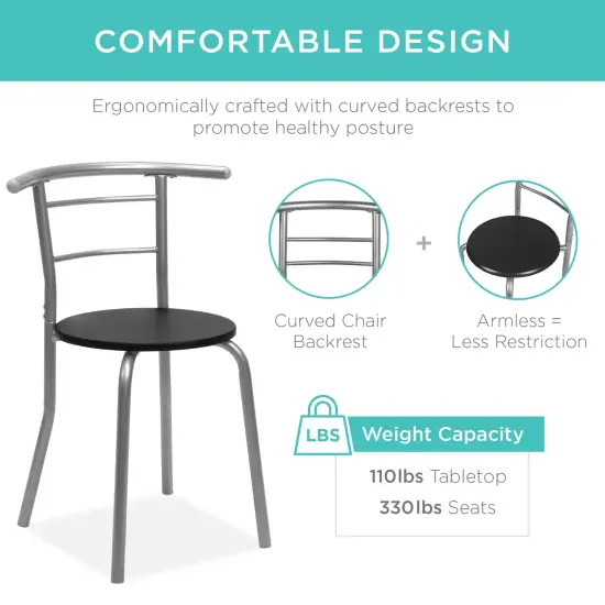 Best Choice Products 3-Piece Wood Dining Room Round Table & Chairs Set w/ Steel Frame, Built-In Wine Rack Black/Silver {4}