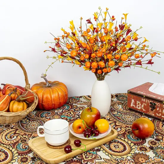 12 Pack Fall Flowers Orange Red Fall Floral Stems with Forsythia Pumpkins and Berries {2}