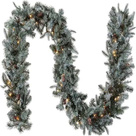 9 Feet -Pre-Lit 'Feel Real' Artificial Christmas Garland, Green, Arctic Spruce, White Lights {1}