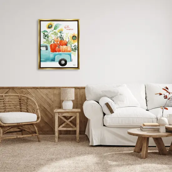 Hello Pumpkin Autumn Truck Carrying Seasonal Plants Floating Frame Canvas Art Gold {2}
