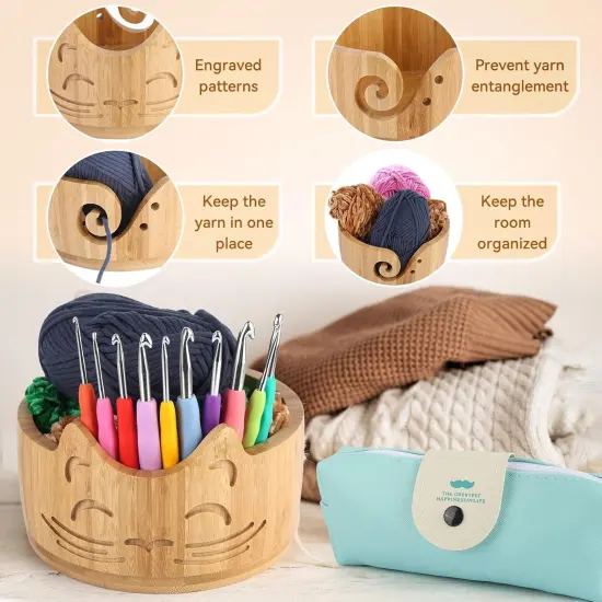 7 X 4inch Cat Yarn Bowl Set, Wooden Yarn Bowls for Crocheting {3}