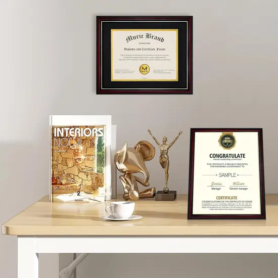 Diploma Frames 8.5 x 11 with Mat Set of 2 Solid Wood Degree frame Covered by Plexiglass, Certificate Frame 11x14 Without Mat, Picture Frame for Wall and Tabletop, Cherry Red with Gold Edge {5}