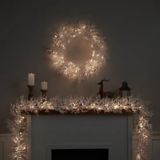 Northlight Pre-Lit Flocked Twig Artificial Christmas Wreath - 30" - LED Warm White Lights {5}