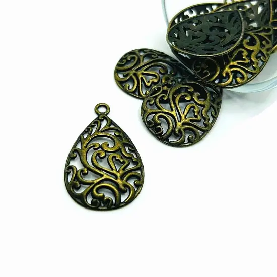 Bronze Filigree Teardrop Charms, 34x22mm {1}