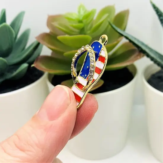 Red White and Blue Enamel Gold Plated Flip Flop Sandal 3D Charms with Rhinestones, 33x12mm {6}