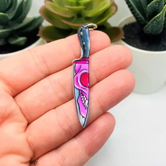 Black and Pink Knife with Skull Face Halloween Charms, 55x8mm {3}