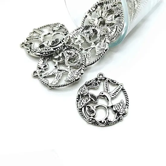 Silver Hummingbird Pendant Charms, 34x30mm {1}