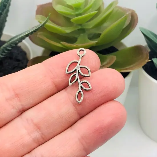 Small Antiqued Silver Tree Branch Charm, Leaf Connector, 25x11mm {2}