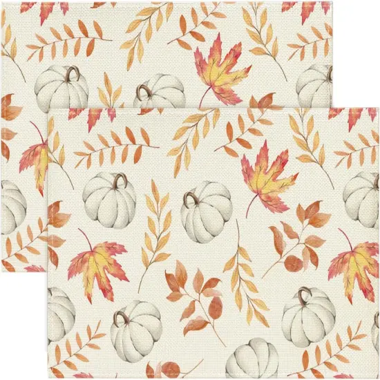 Set of 2 Maple Leaf Pumpkin Fall Placemats - 12x18 Inch (Beige/Orange) {1}