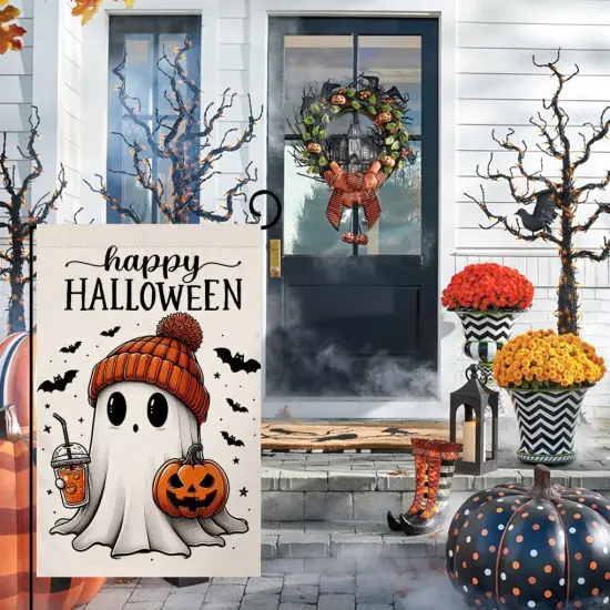 Halloween Ghost Garden Flag 12x18inch(Orange Black) {3}