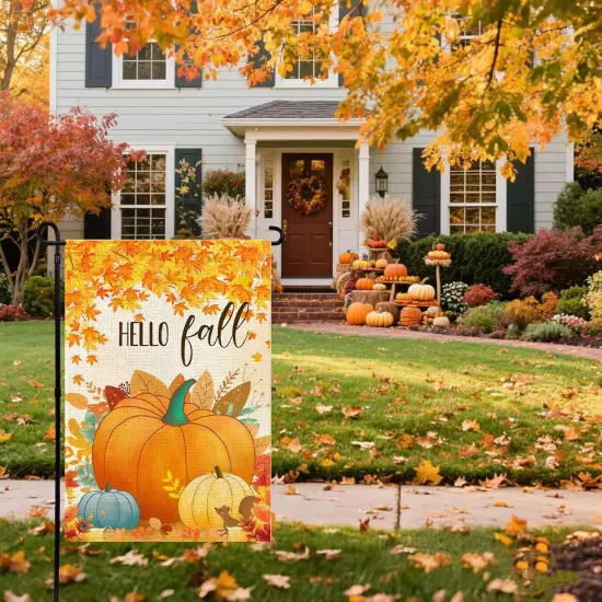 Hello Fall Pumpkin Leaf Garden Flag 12x18 Inch(orange) {2}