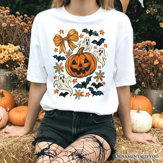 Pumpkin Ghosts Coquette Bow T-Shirt, Retro Fall Spooky Tee for Cute Trick-or-Treaters {2}