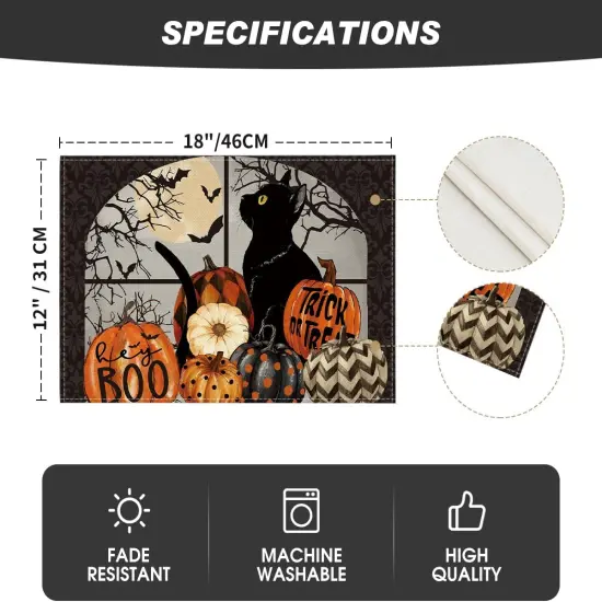 Set of 4 Black Cat and Pumpkins Halloween Placemats - 12x18 Inch (Black/Orange) {5}