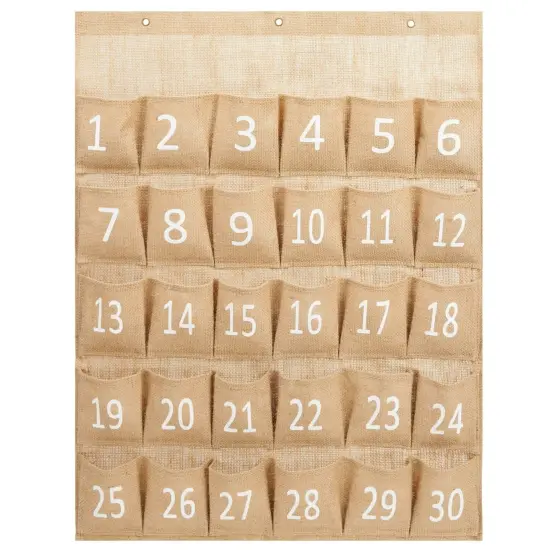 30-Row Burlap Cell Phone Holder for Classroom, Farmhouse Designed White Numbered Hanging Pocket Organizer for Mobile Phones, Calculator Caddy, Organization (23.6 x 31 in) {7}