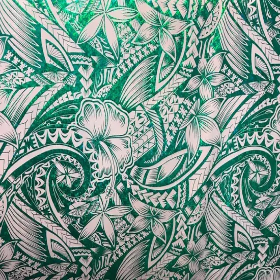 1 Yard Hibiscus Plumeria Polynesian Tattoo Polyester Foil Fabric, 36" x 60" Yard Unique Floral Shine for Apparel & Crafts Beige & Green {1}