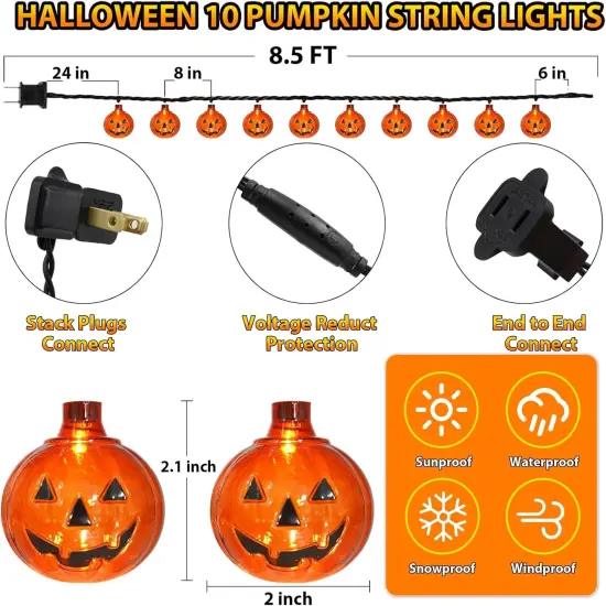 8.5Ft Halloween Pumpkin LED String Lights with 10 PCS Jack O Lantern {4}