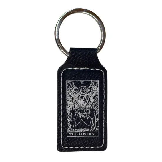 Keychain - Rectangle - The Lovers Tarot Card - Leather Rawhide/Black {6}