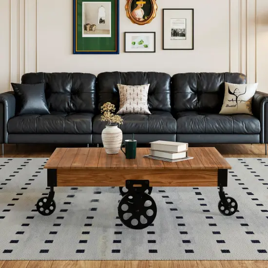 Vintiquewise Large Rustic Vintage Industrial Wooden Coffee Table with Detailed Wood Grain Metal Accents and Black Cast Iron Cart Wheels Perfect for Farmhouse and Loft-Style Interiors {3}